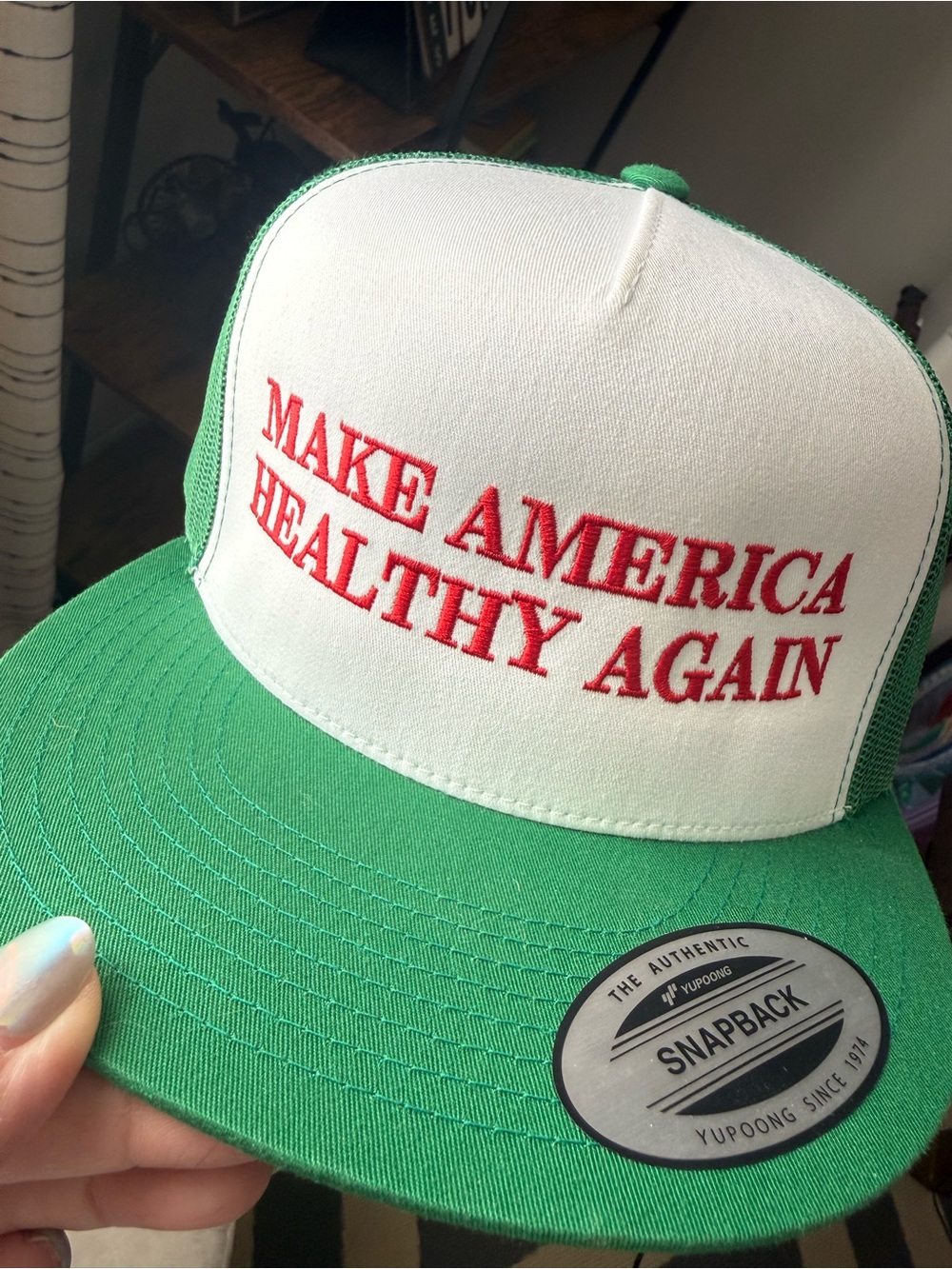 Make America Healthy Again Green and White Snapback trucker Hat